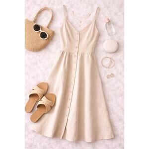 The Editors Market Women’s Beige Button Front Midi Dress Neutral Wheat Size M